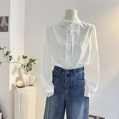 宽松法式系带花边立领长袖衬衫女