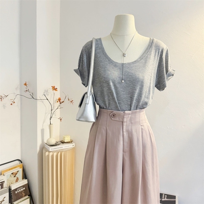 宽松休闲简约纯色正肩短袖T恤女