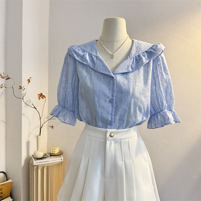宽松法式荷叶边娃娃领短袖衬衫女