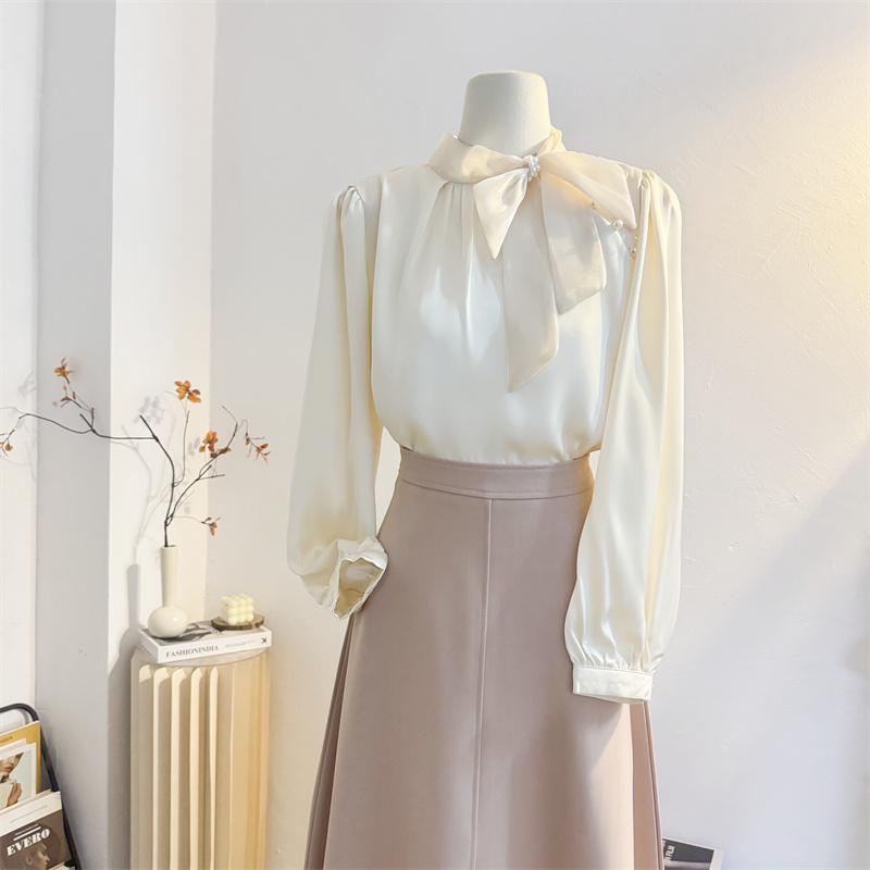 法式气质立领蝴蝶结缎面长袖衬衫