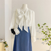 白色系带蝴蝶结雪纺衬衫 上衣飘带衬衣 女2025春设计感宽松V领长袖