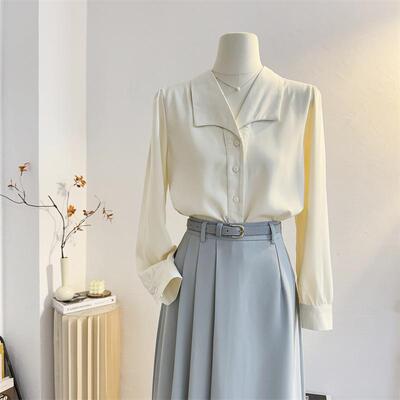 宽松法式气质翻领雪纺长袖衬衫女