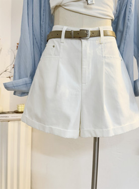 白色工装休闲短裤女2025夏季宽松高腰A字卷边阔腿裤百搭腰带裤子