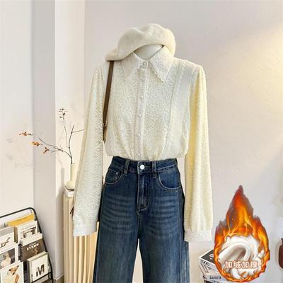 长袖蕾丝衬衫花边翻领加绒法式