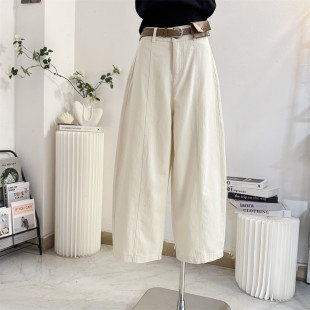 子奶杏色 显瘦腰带裤 韩系九分弯刀休闲裤 女2026春夏高腰宽松阔腿裤