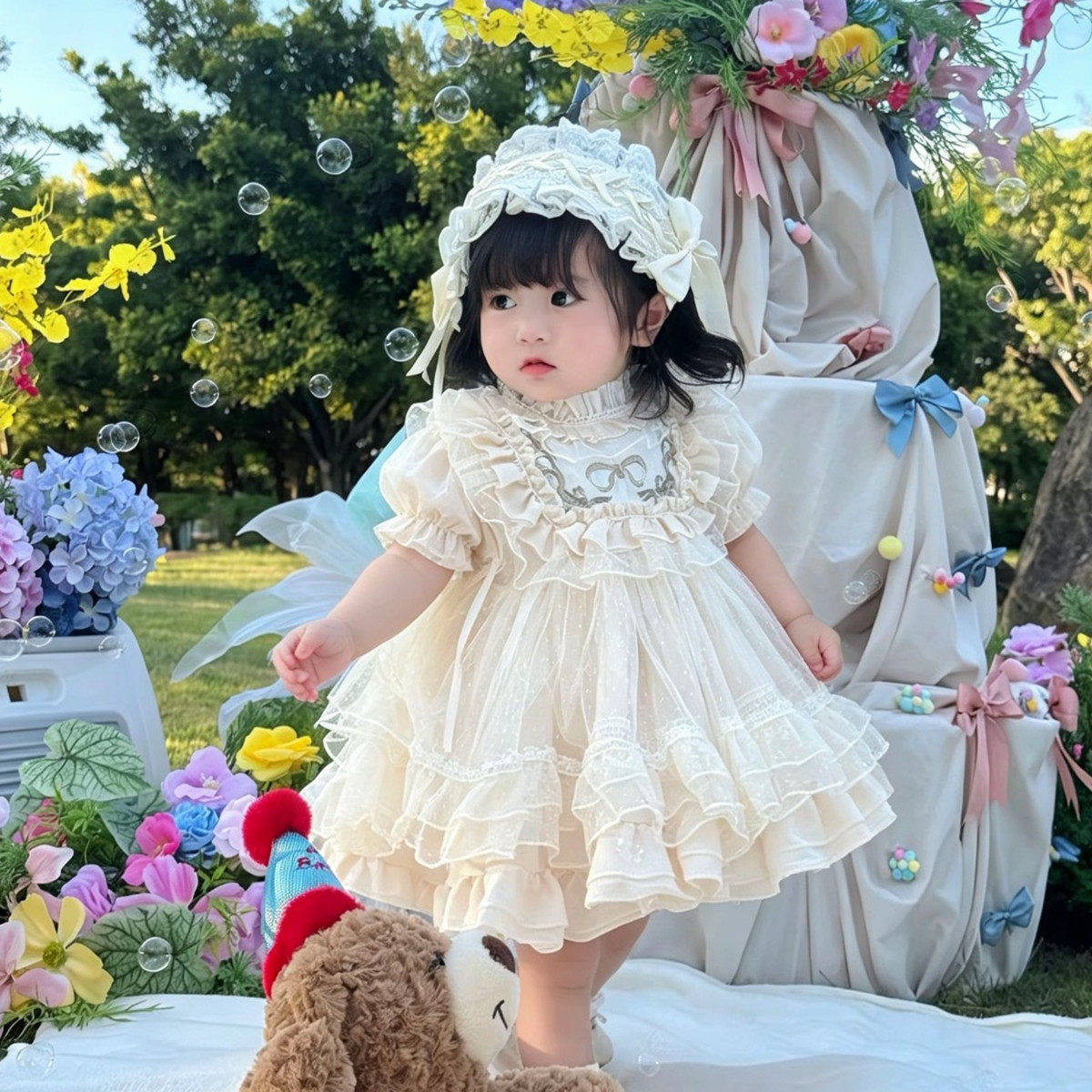 春夏女童洛丽塔公主裙蕾丝柔软网纱周岁礼服裙生日蓬蓬裙婚礼花童