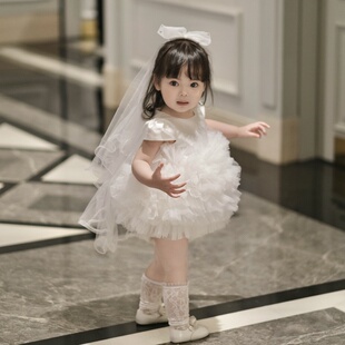 高端白色春夏女童周岁生日抓周花童婚纱礼服女宝公主裙网纱蓬蓬裙