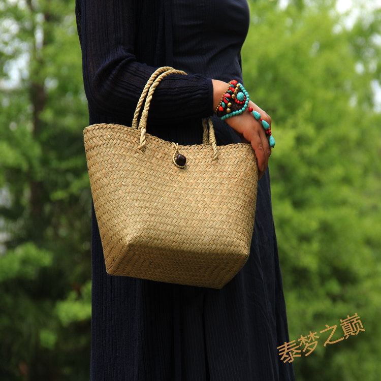 热销泰国进口原创民族特色中式复古手工海草编制草绳提手女士提包