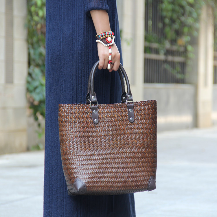 热销泰国进口原创民族特色中式复古手工海草编制单肩手提两用包