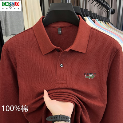 CARTELO卡帝乐鳄鱼男士喜爸爸喜公公婚宴装红色长袖翻领T恤polo衫