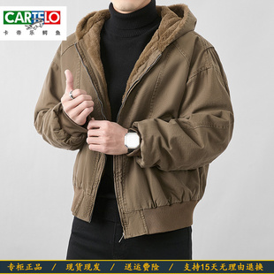 卡帝乐鳄鱼男士纯棉加厚加绒超厚夹克棉衣外套连帽毛领可拆机车服