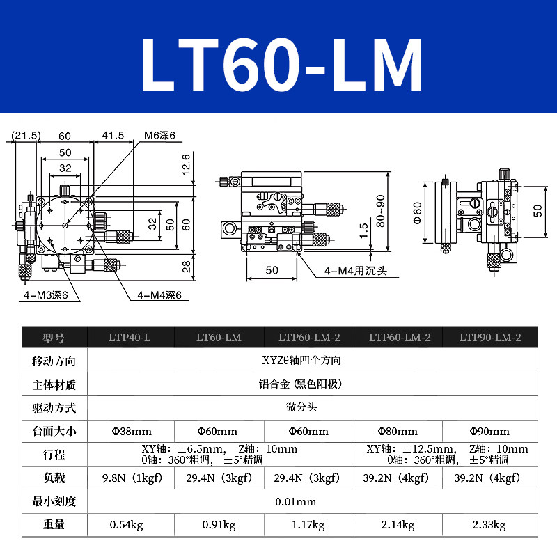 XYZR 축 변위 플랫폼 LTP60|90 4축 수동 미세 조정 리프팅 및 회전 광학 고정밀 이동 슬라이드