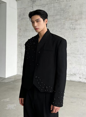 He刺野/轻奢张杰同款短款重工钉珠黑色外套男高级感痞帅夹克外套