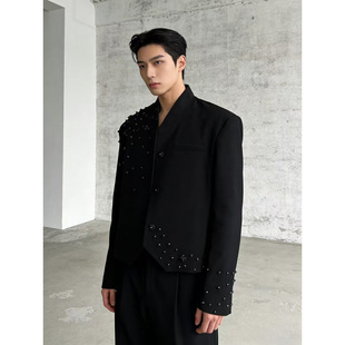 He刺野/轻奢张杰同款短款重工钉珠黑色外套男高级感痞帅夹克外套