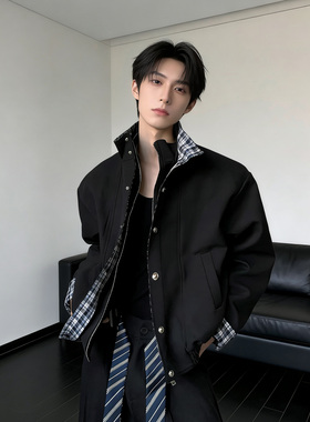 He刺野/轻奢高级格纹加厚黑色短款外套男重磅夹克棉服假两件夹克
