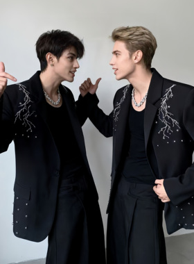 He刺野小众钉珠刺绣设计感垫肩西装外套男士秋季高级感痞帅西服