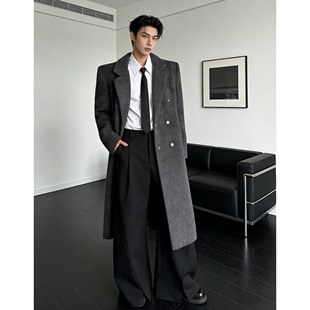 He刺野/秋冬韩版双排扣毛呢廓形大衣垫肩设计大衣男高级中长款