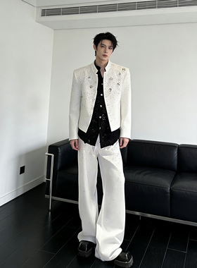 He刺野/春款重工烫钻设计立体花朵西服套装男高级感轻奢短款外套