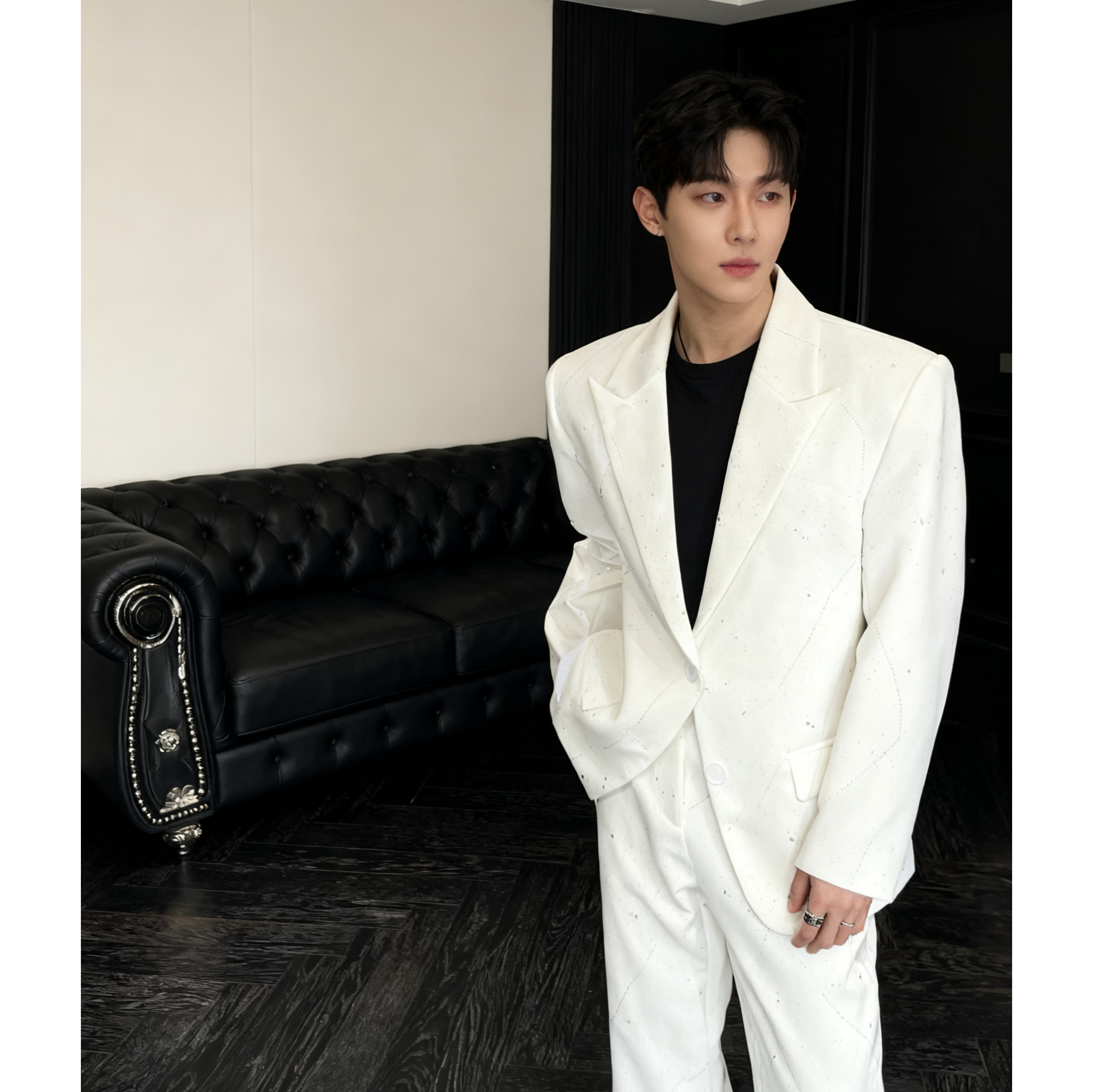 He刺野/高级感满天星设计男白西装外套男帅气时尚廓形痞帅风西装