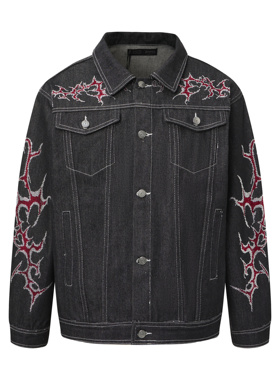 He刺野/“火焰烫钻”文化高街牛仔夹克男痞帅设计感短款小众外套