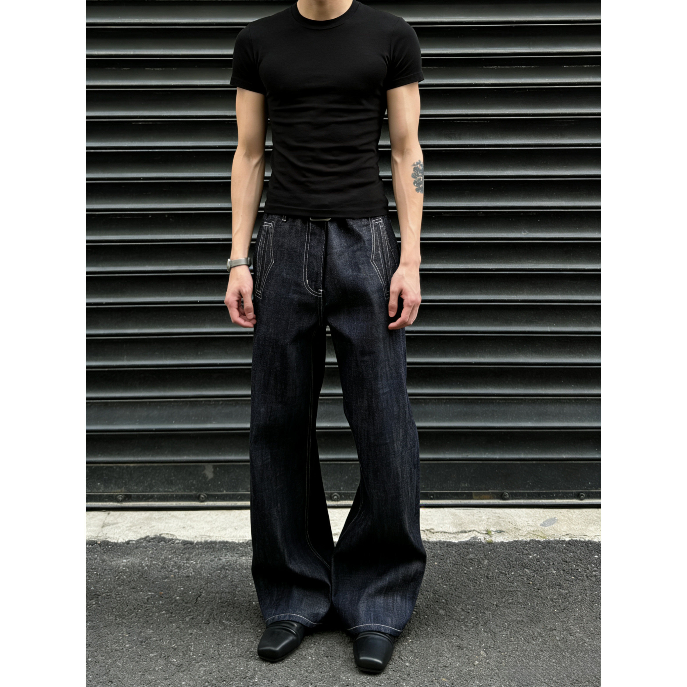 He刺野/2026男士赤耳肌理感A字复古宽松直筒原牛蓝色原色牛仔裤