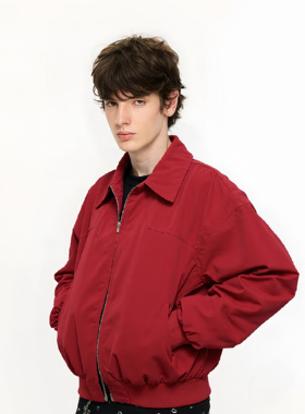 He刺野/红色哈灵顿夹克秋季基础通勤男女同款百搭短宽松外套潮