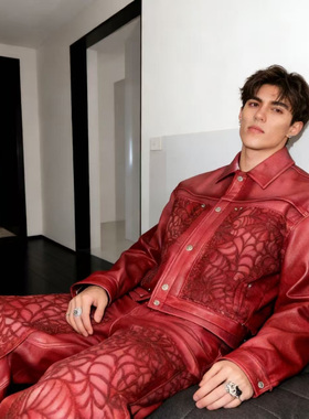 He刺野/春款重磅红色皮衣夹克血月之夜蜘蛛网皮衣外套正肩夹克