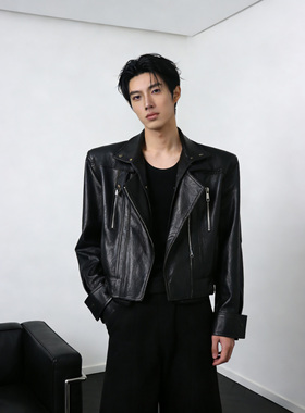 He刺野/小众设计黑色短款皮衣夹克痞帅男多拉链机车风酷炸街外套