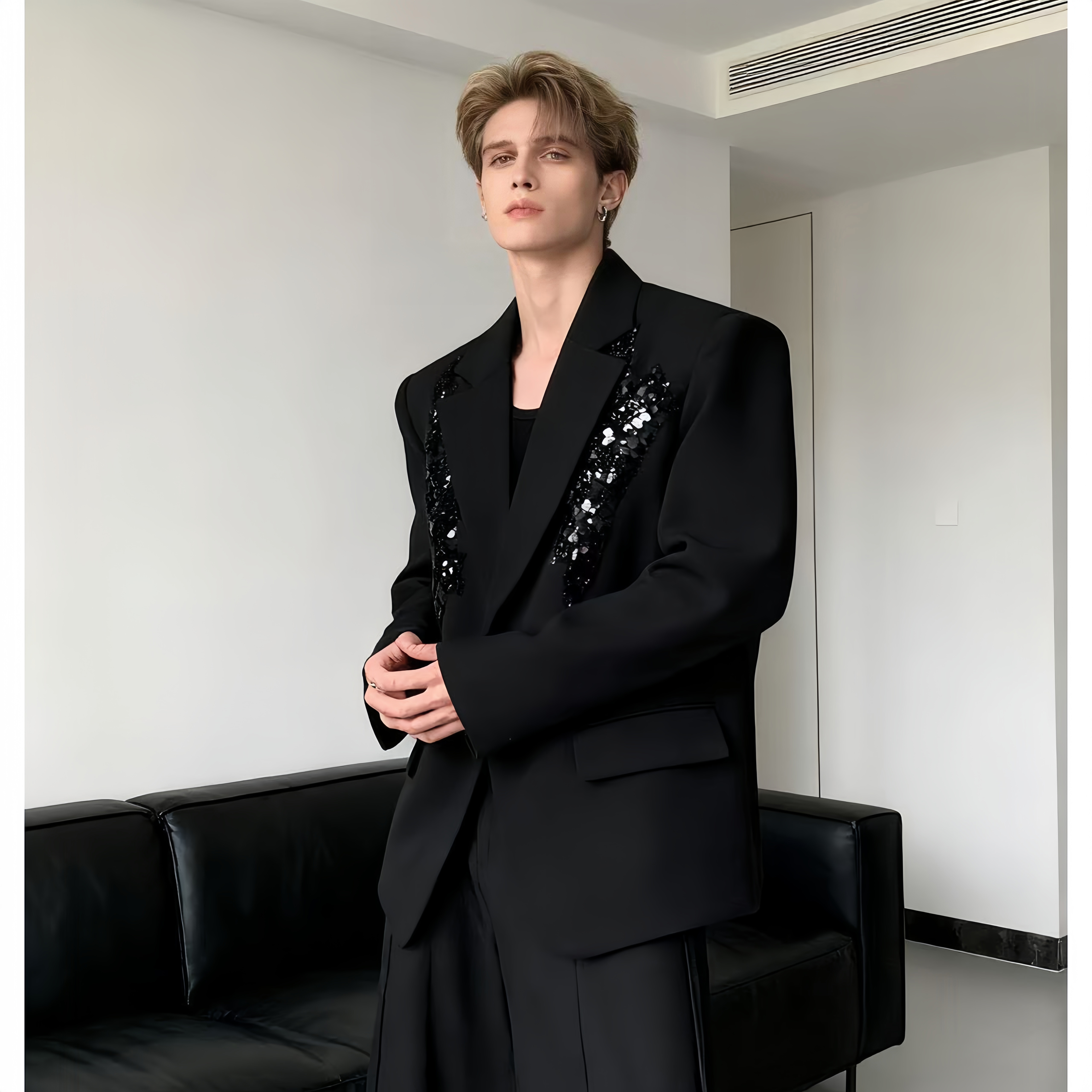 轻奢亮片黑色西装外套男痞帅西服