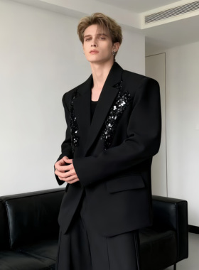 He刺野轻奢亮片刺绣设计垫肩黑色西装外套男高级感痞帅廓形西服