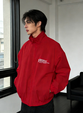 He刺野/轻奢美式印花飞行红色夹克vibe外套男痞帅外套夹克简约