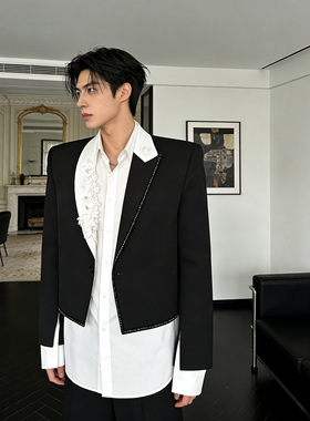 He刺野/轻奢拼接花朵垫肩黑色西装外套男高级感痞帅廓形短款西服
