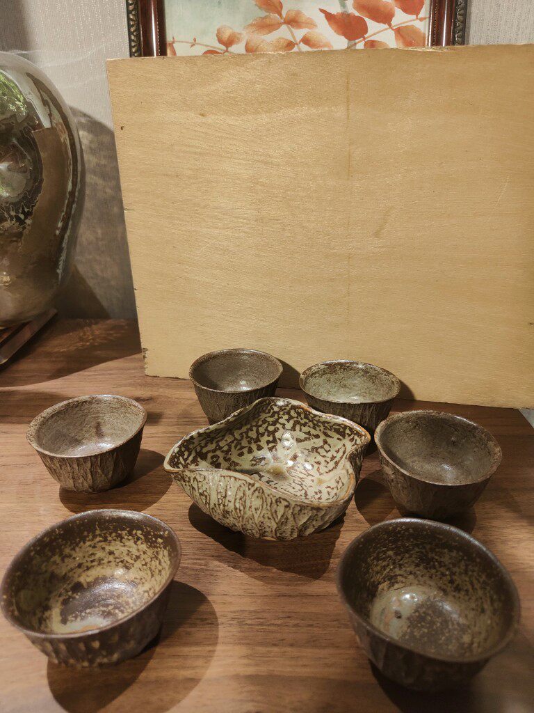 36日本进口 柴烧功夫茶套 公道茶杯 荷叶型 稀有自然落釉可分出