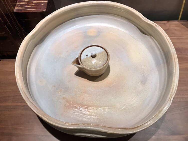 01日本进口萩烧超大建水茶台花盆赏盘三足带底款木盒（不含宝瓶）
