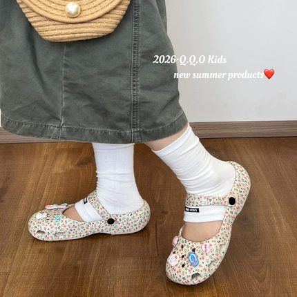 QQO童鞋 2026夏季款女童碎花洞洞鞋儿童一脚蹬沙滩鞋亲子款凉拖鞋