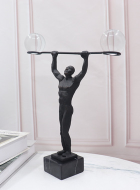 北欧现代轻奢雕塑水晶铸铁举重人摆件样板房间软装饰品家居摆设