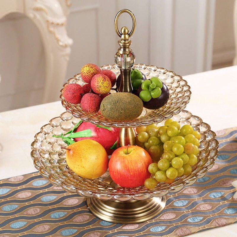 새로운 중국 스타일의 크리스탈 더블 레이어 스토리지 트레이 북유럽 과일 랙 홈 거실 유리 탁상 장식품