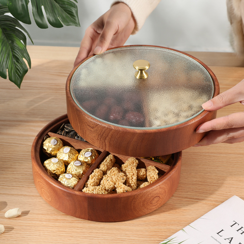 实木干果盒带盖圆形水果盘家用零食糖果坚果盒多层可叠加收纳盒