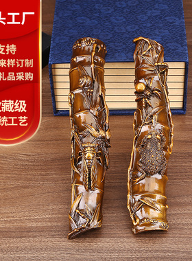 纯铜竹节镇纸知足常乐镇尺书房办公室桌面摆件