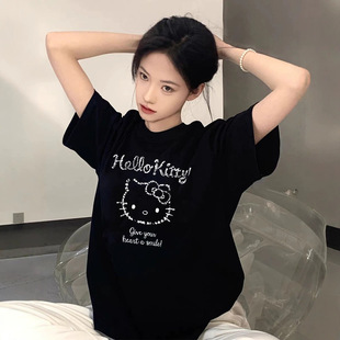 hellokitty黑色纯棉短袖t恤女2026新款爆款夏季高级感上衣体恤潮