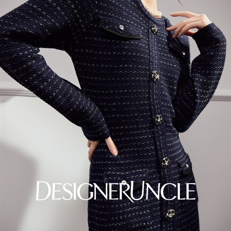 DGU鎏蓝宝蓝色连衣裙女2025秋季新款法式小香风修身显瘦裙子