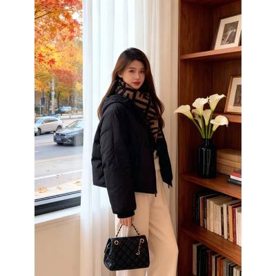 韩国防风防水保暖小个子短款轻薄黑色棉服外套女连帽面包服棉衣冬