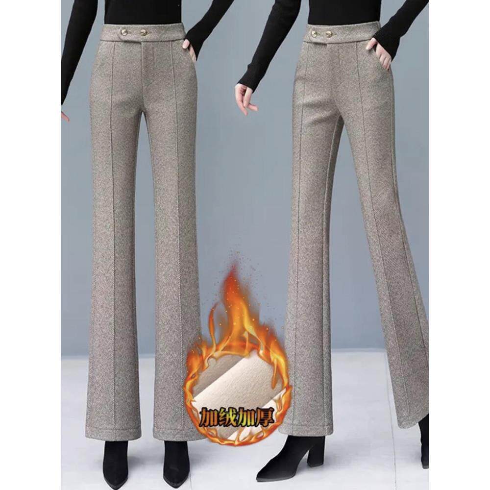 卡其色毛呢微喇叭裤女春秋加绒2025新款加厚高腰显瘦西装休闲长裤