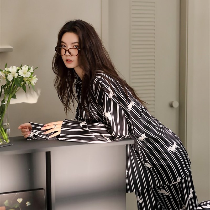 DOEO睡衣女春秋季真丝线条小狗长袖长裤桑蚕丝可外穿家居服