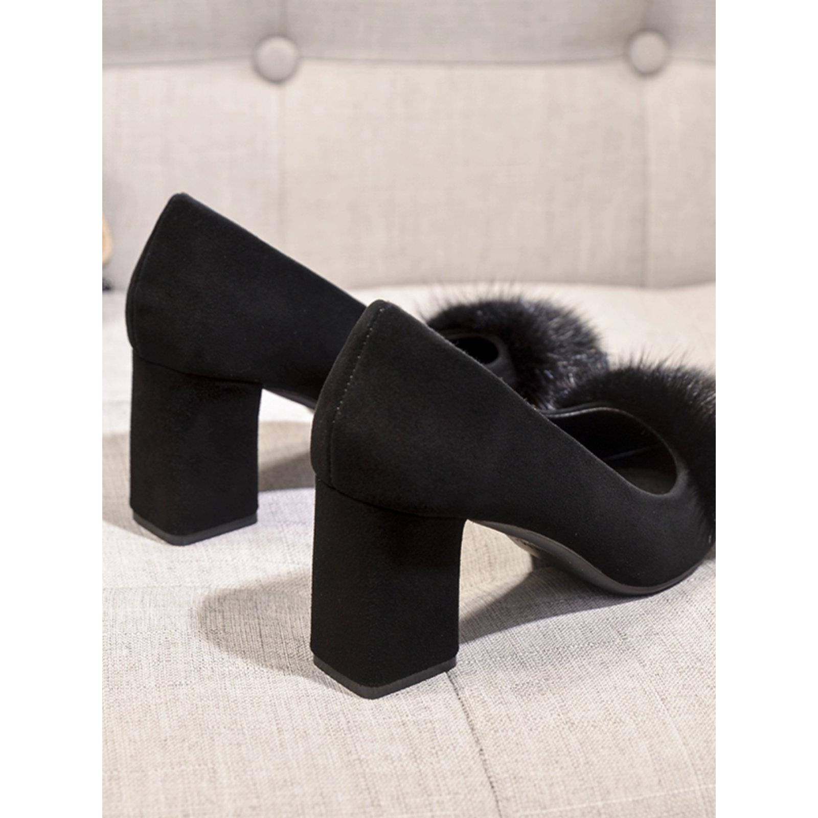 香港真皮水貂毛尖头毛毛鞋女2025秋冬新款豆豆鞋粗跟单鞋高跟小码,女鞋,浅口单鞋,淘宝优惠券,粉丝福利购,淘宝优惠卷