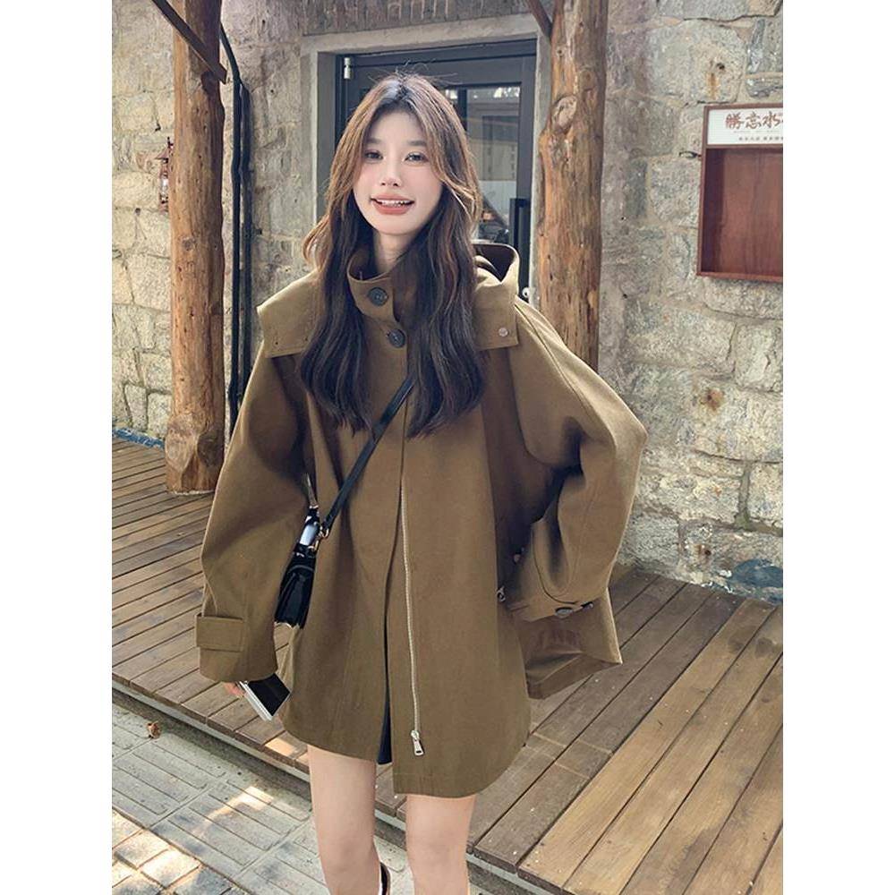法式连帽斗篷风衣女2025春秋新款高级感气质宽松遮胯减龄工装外套