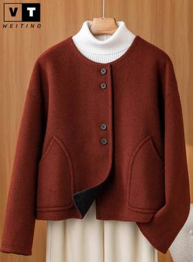 WEI TING骆驼绒廓形短款双面羊绒大衣女秋冬时尚小香风羊毛呢外套