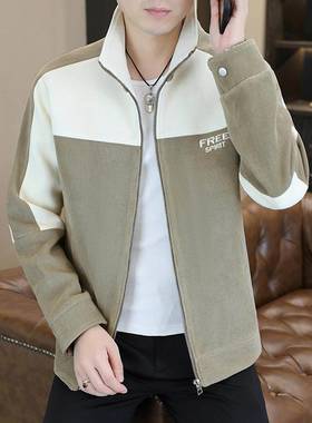 时尚拼色灯芯绒外套男秋季新款高级感痞帅休闲立领夹克男士上衣潮