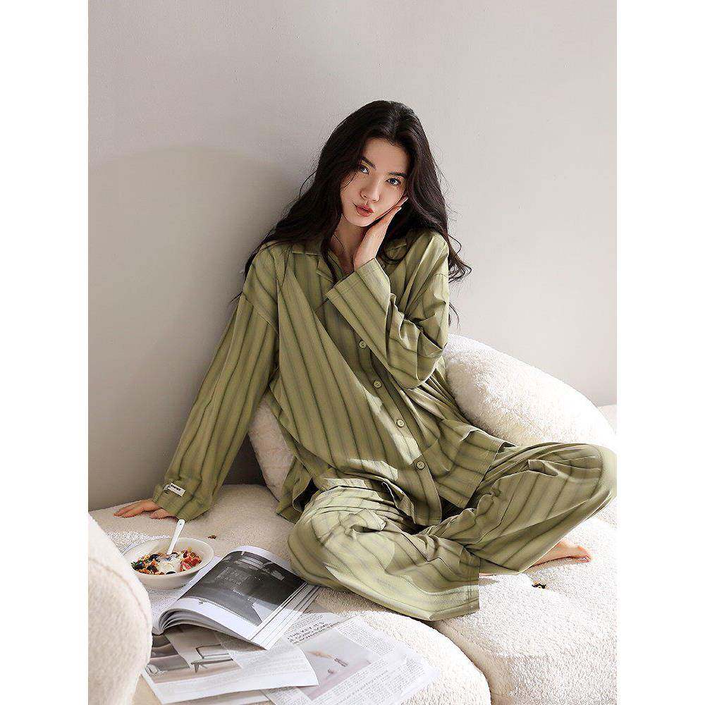 DOEO睡衣女春秋季秋款纯棉长袖长裤家居服时尚大码休闲条纹可外穿