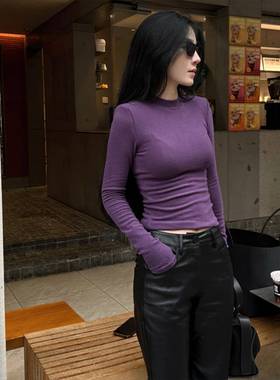 紫色半高领磨毛长袖t恤女春秋2025韩版修身显瘦内搭纯色短款上衣